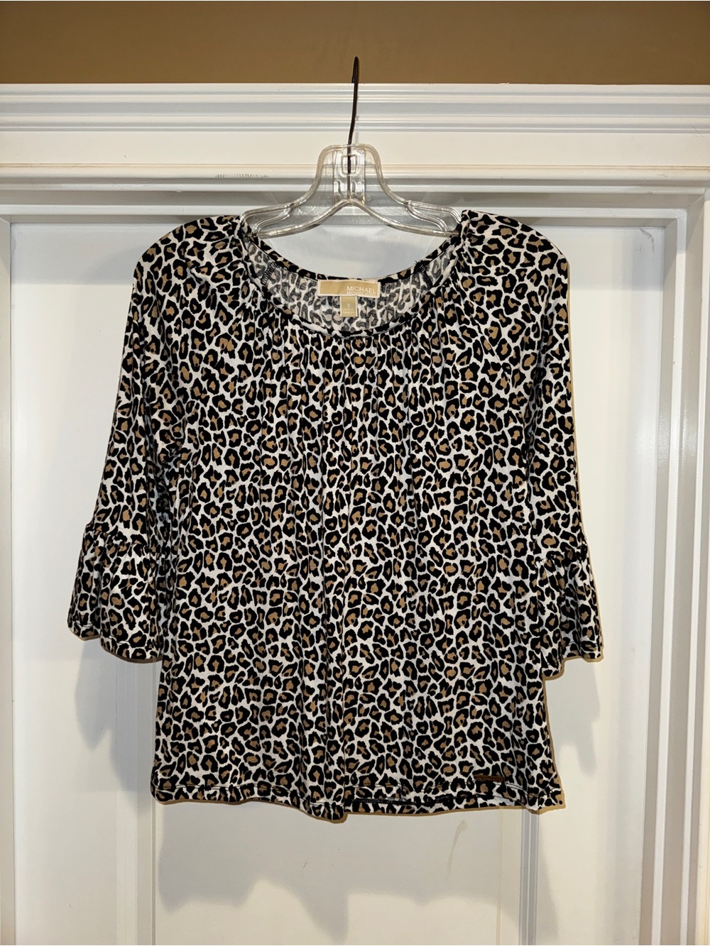 Michael Kors Leopard Print Ruffled Sleeve Women's Top - Tan Black Small